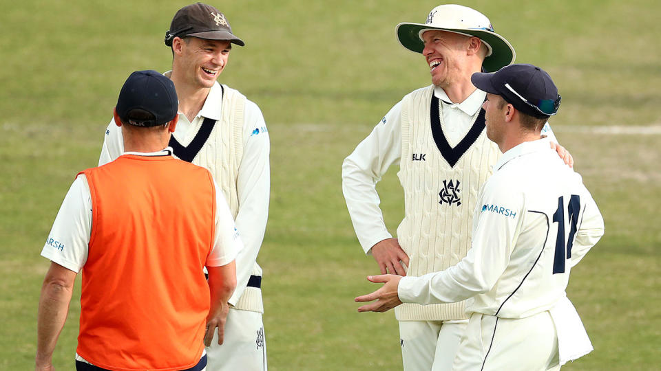 Peter Handscomb, pictured here laughing with his Victorian teammates.