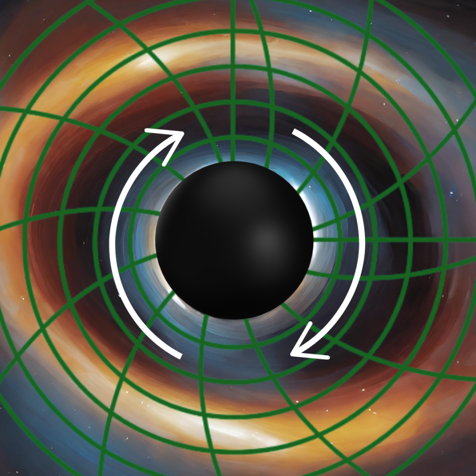 An illustration showing a rotation supermassive black hole surrounded by the debris of a dead star and dragging spacetime (green grid) along with it