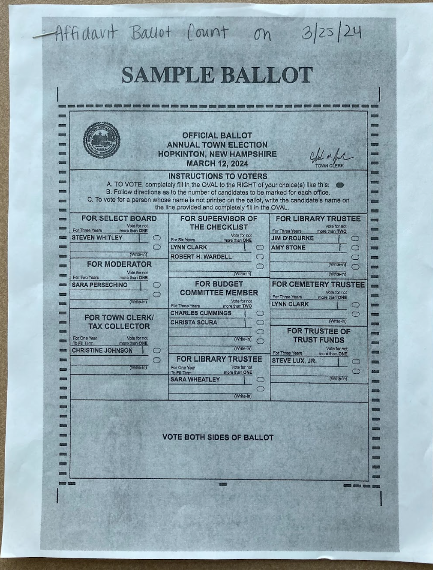 When Rogers failed to mail in proof of her identification, Hopkinton voting officials subtracted her votes from final tallies. This document is available to the public, inside of Hopkinton Town Hall.