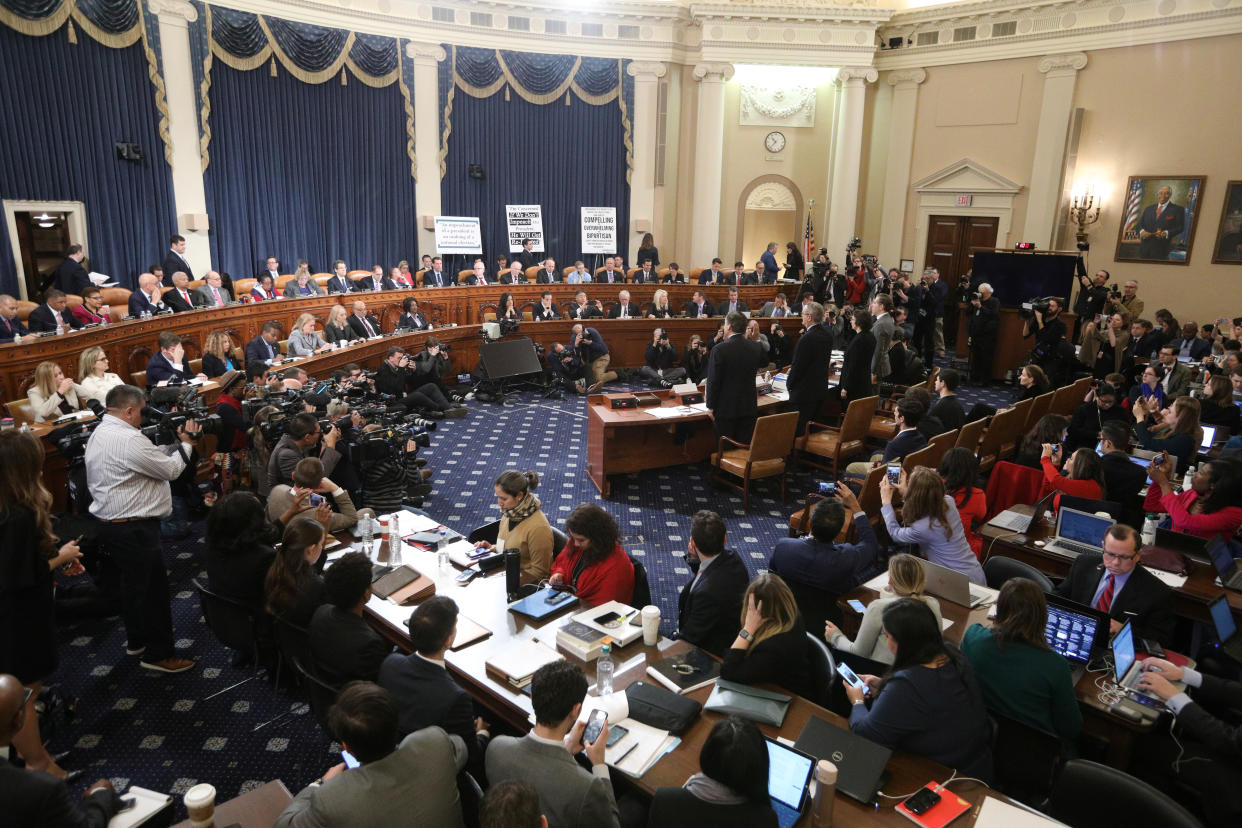 Witnesses are sworn in to testify at a House Judiciary Committee hearing on impeachment