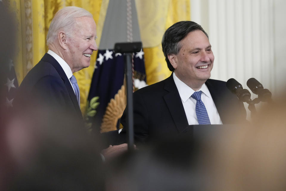 FILE - President Joe Biden listens during an event to thank outgoing White House chief of staff Ron Klain, right, in the East Room of the White House in Washington, Feb. 1, 2023. (AP Photo/Susan Walsh, File)