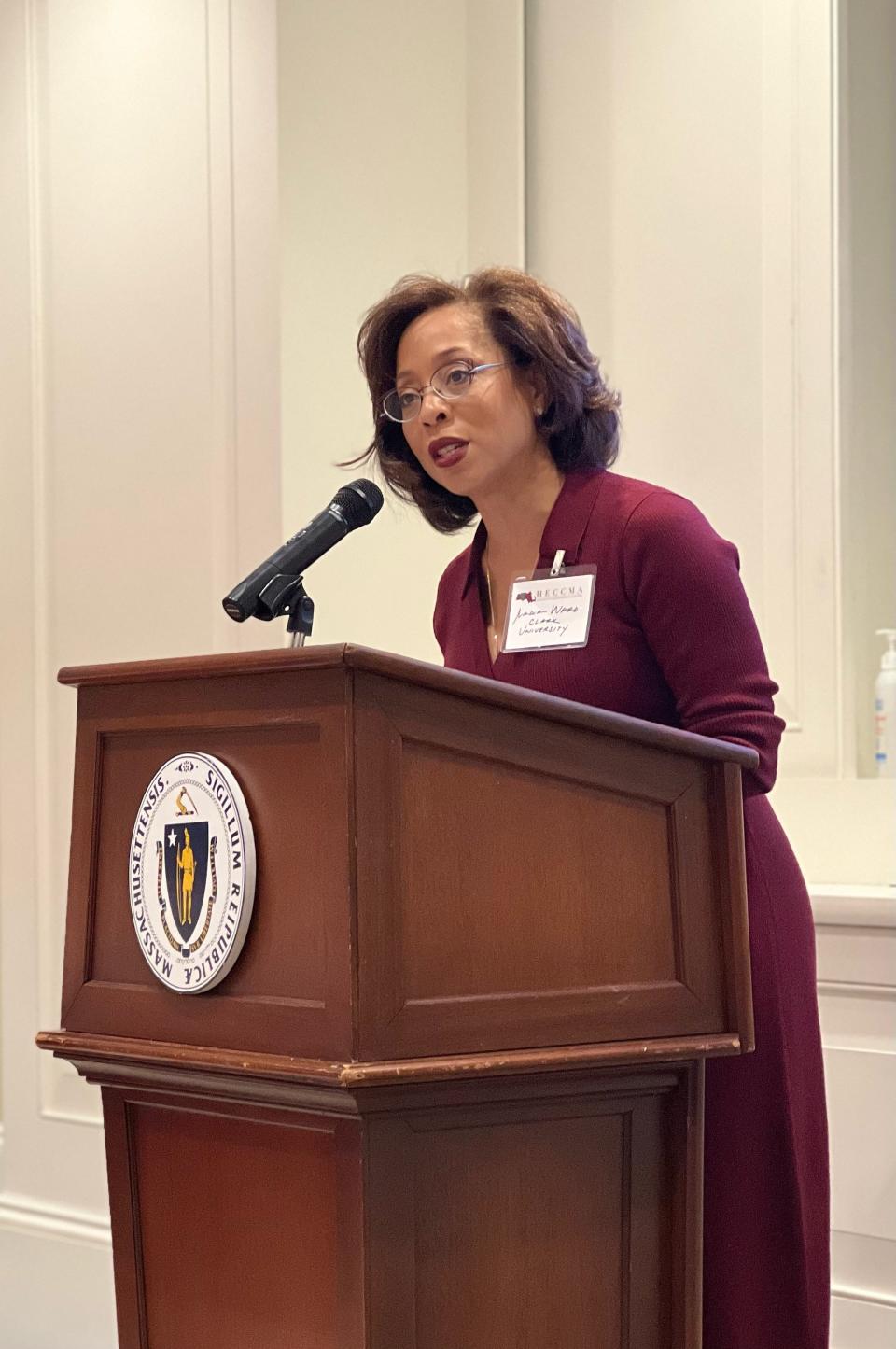 Nadia Ward of Clark University addresses a panel at the Statehouse detailing the need for a statewide coordinated response to college students in crisis