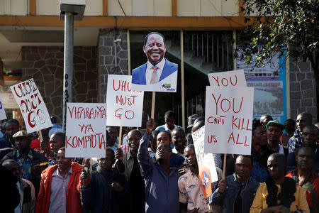 Supporters of Kenyan opposition leader Raila Odinga, from the National Super Alliance (NASA), coalition protest outside the Supreme Court in Nairobi, Kenya August 18, 2017. REUTERS/Baz Ratner