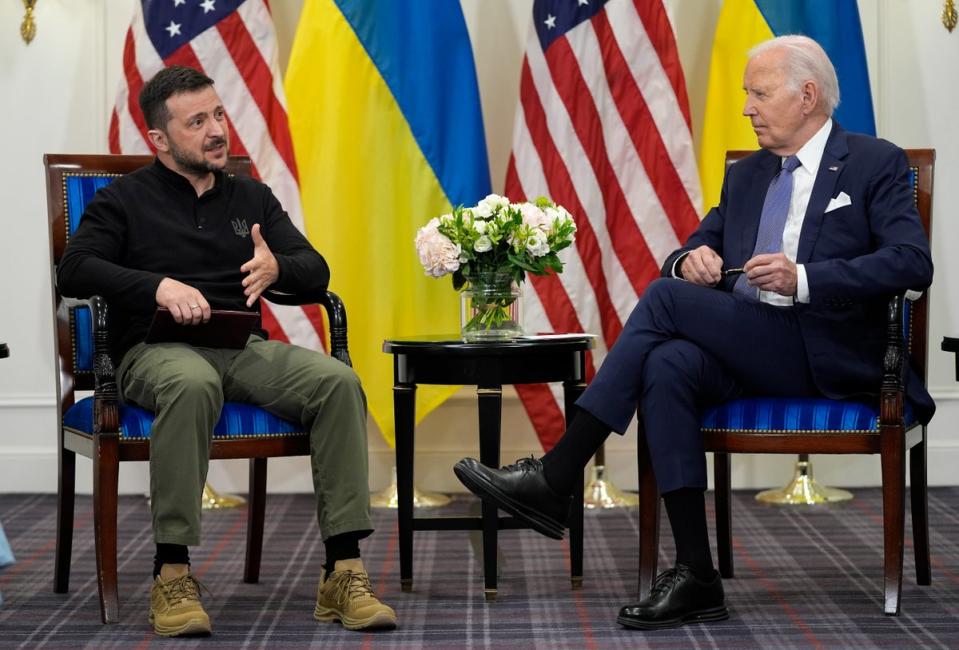 US president Joe Biden meets with his Ukrainian counterpart Volodymyr Zelensky in Paris, on June 7 2024 (Evan Vucci/AP)