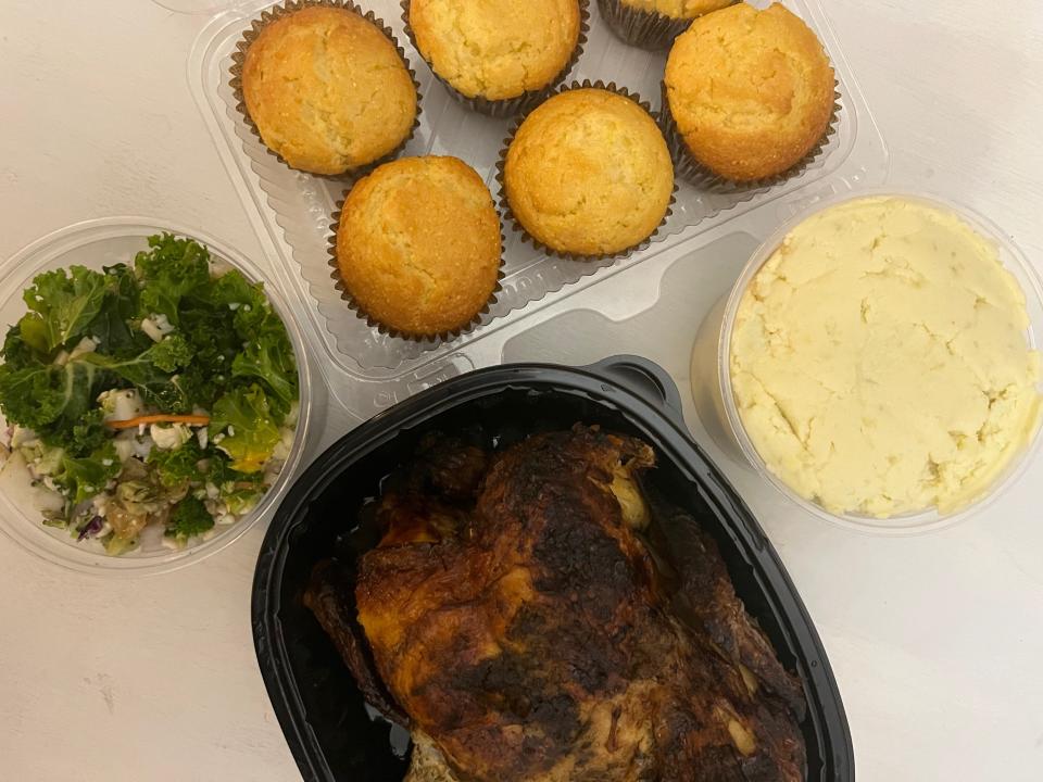 The Fresh Market Chicken Dinner To Go includes a rotisserie chicken, two sides and six cornbread muffins for $19.99.