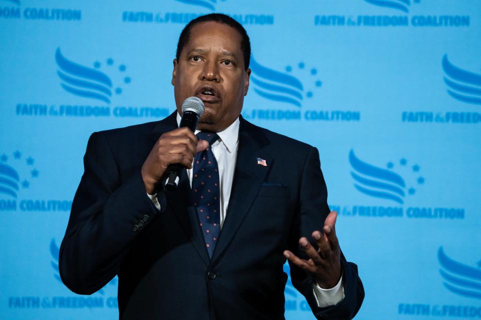 2024 Presidential Candidate Larry Elder speaks to the crowd at the Iowa Faith and Freedom Coalition's annual Spring Kick-Off, on Saturday, April 22, 2023, in Clive, Iowa. 