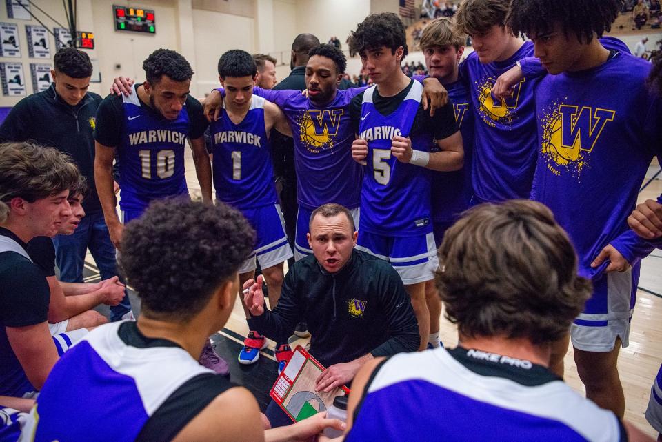 Warwick head coach Joe Mackey talks to the team during the Section 9 Class AA boys basketball championship game at Monroe-Woodbury High School in Central Valley, NY on Saturday, March 2, 2024. Lourdes defeated Warwick 42-40. KELLY MARSH/FOR THE TIMES HERALD-RECORD