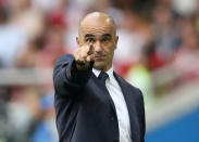 Belgium coach Roberto Martinez gestures during the match. REUTERS/Carl Recine