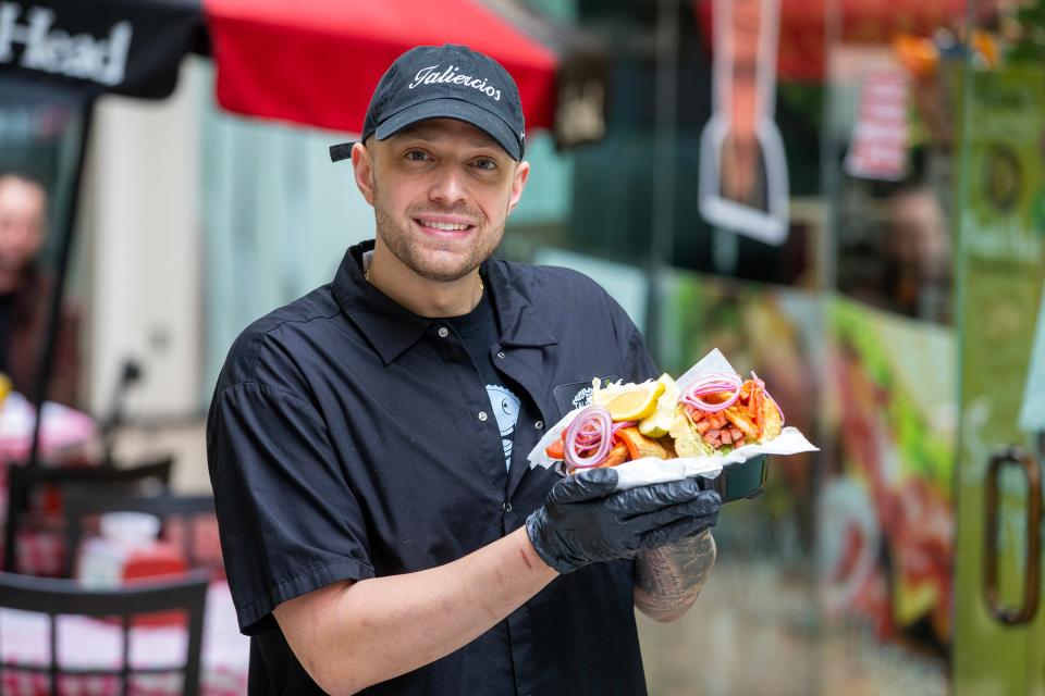 "The Asbury Pork Press" sandwich at Taliercio's Ultimate Gourmet has pork roll fries, fried shrimp, tomato, red onion, lettuce and Sriracha ketchup.