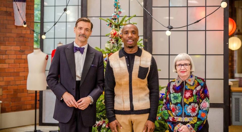 the great british sewing bee celebrity christmas special 2023,21 12 2023,celebrity christmas special,patrick grant, kiell smith bynoe, esme young,judge patrick grant, presenter kiell smith bynoe and judge esme young ,love productions,paul andrews