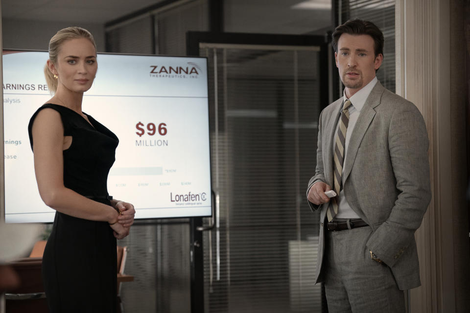 (L to R) Emily Blunt as Liza and Chris Evans as Brenner in 