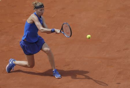 Tennis - French Open - Roland Garros - Lucie Safarova of Czech Republic vs Viktorija Golubic of Switzerland Paris, France - 25/05/16. Lucie Safarova of Czech Republic returns the ball. REUTERS/Gonzalo Fuentes