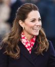 <p>The Duchess bundled up in a red and white heart print scarf from British brand Beulah, whose mission is to eradicate slavery and help create employment opportunities for vulnerable women. (<a href="https://www.beulahlondon.com/product/kamalaheartscarf/" rel="nofollow noopener" target="_blank" data-ylk="slk:Shop a similar one here;elm:context_link;itc:0;sec:content-canvas" class="link ">Shop a similar one here</a>.) She sported the look on a trip to Mumbles Pier in Swansea, Wales. </p>