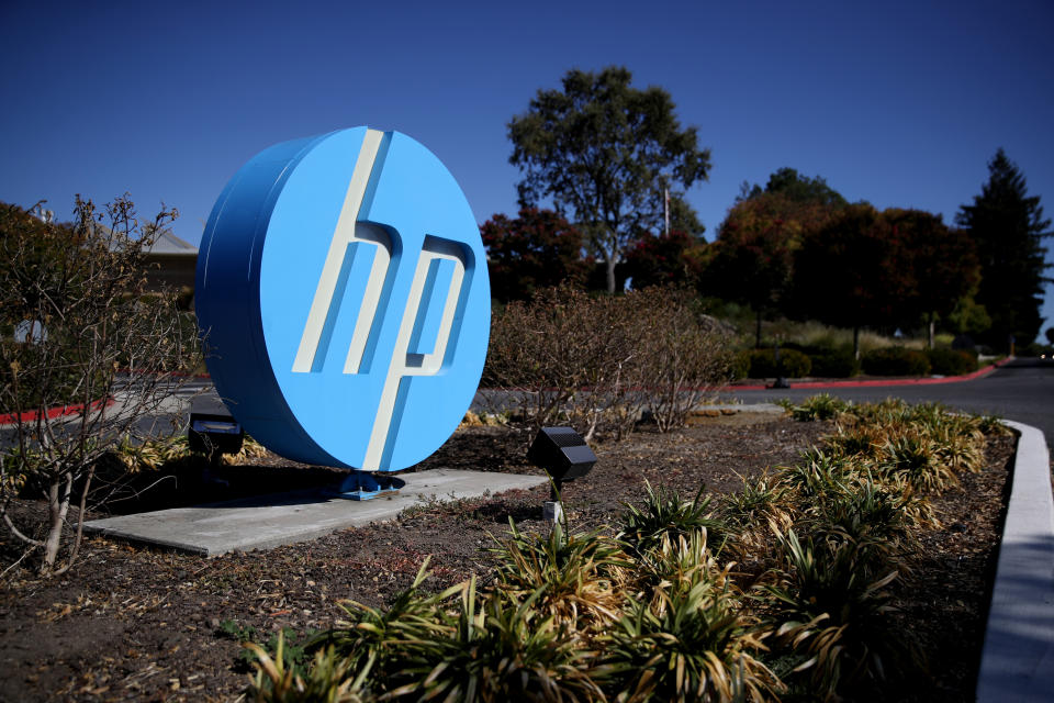 PALO ALTO, CALIFORNIA - OCTOBER 04: The Hewlett Packard (HP) logo is displayed in front of the office complex on October 04, 2019 in Palo Alto, California. HP announced plans to cut 7,000 to 9,000 jobs in an effort to save about $1 billion by the end of fiscal 2022. (Photo by Justin Sullivan/Getty Images)