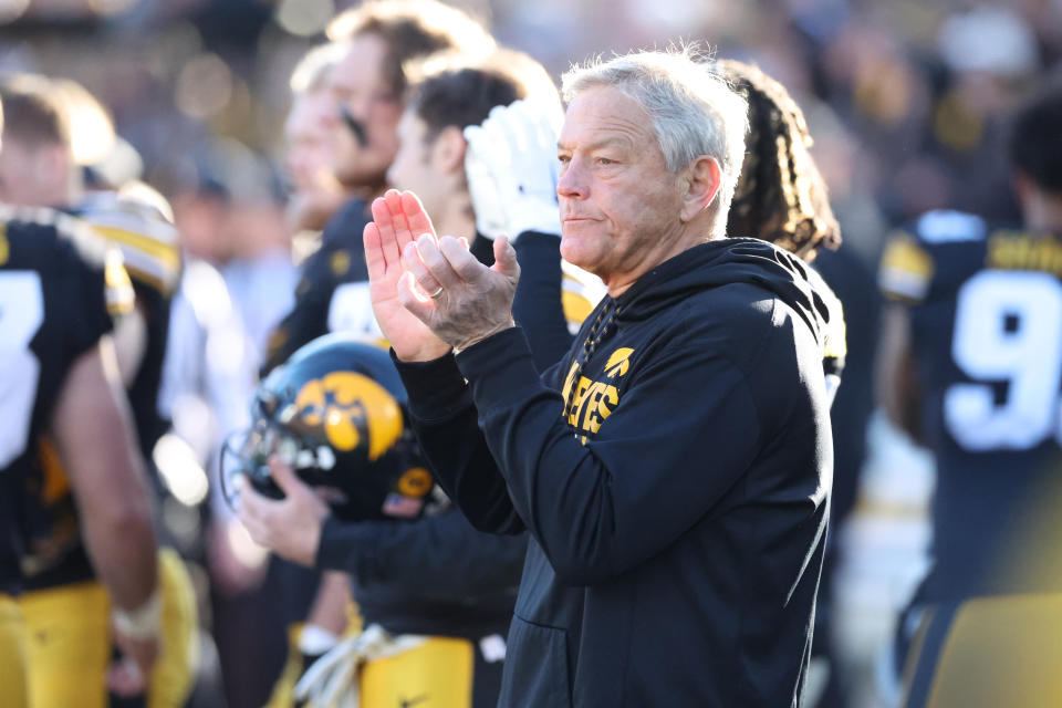 Nov 25, 2022; Iowa City, Iowa, USA; Iowa Hawkeyes head coach Kirk Ferentz watches his team play the <a class="link " href="https://sports.yahoo.com/ncaaw/teams/nebraska/" data-i13n="sec:content-canvas;subsec:anchor_text;elm:context_link" data-ylk="slk:Nebraska Cornhuskers;sec:content-canvas;subsec:anchor_text;elm:context_link;itc:0">Nebraska Cornhuskers</a> at Kinnick Stadium. Mandatory Credit: Reese Strickland-USA TODAY Sports