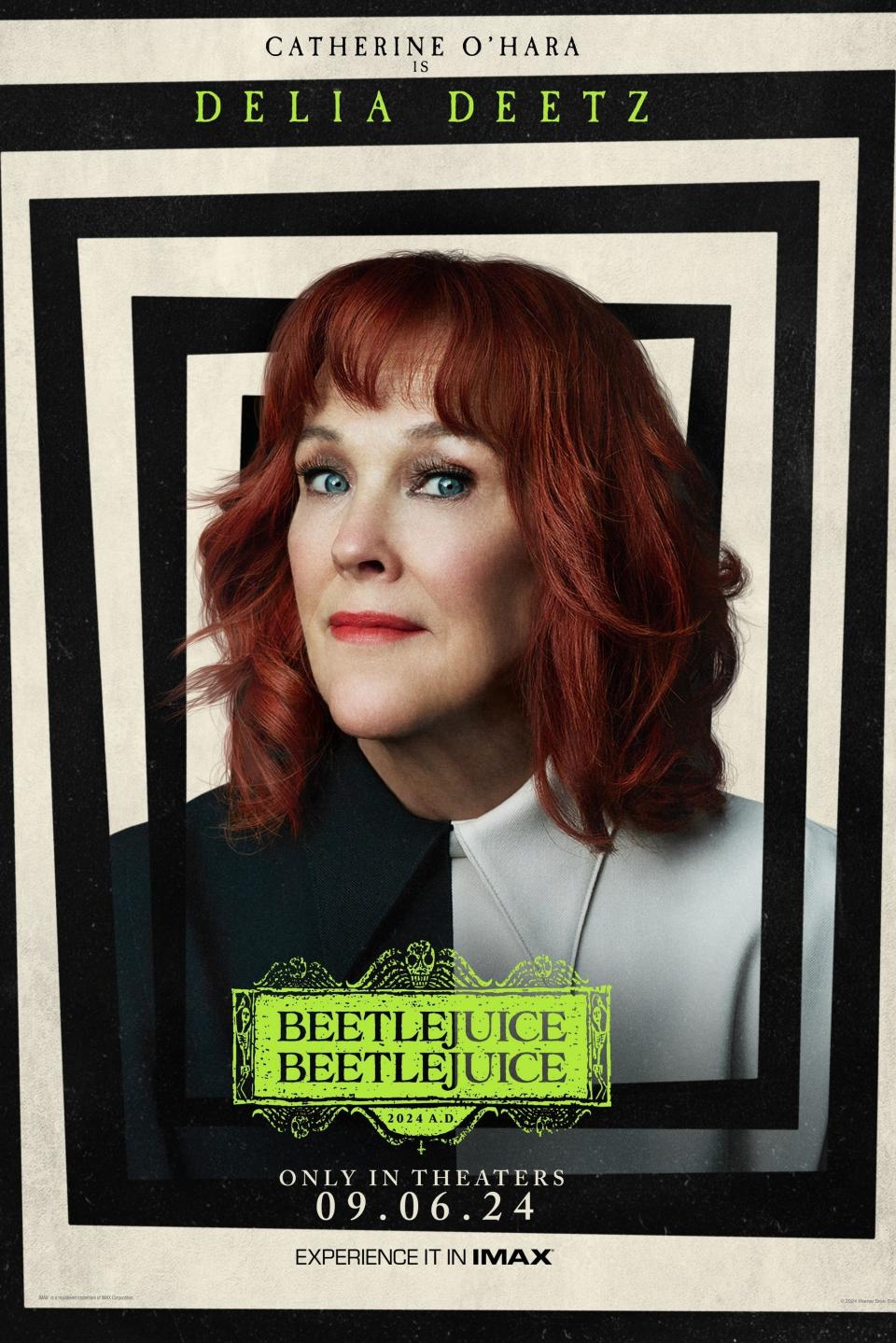 Catherine O'Hara as Delia Deetz on a Beetlejuice 2 movie poster with the title, release date 09.06.24 and tagline 