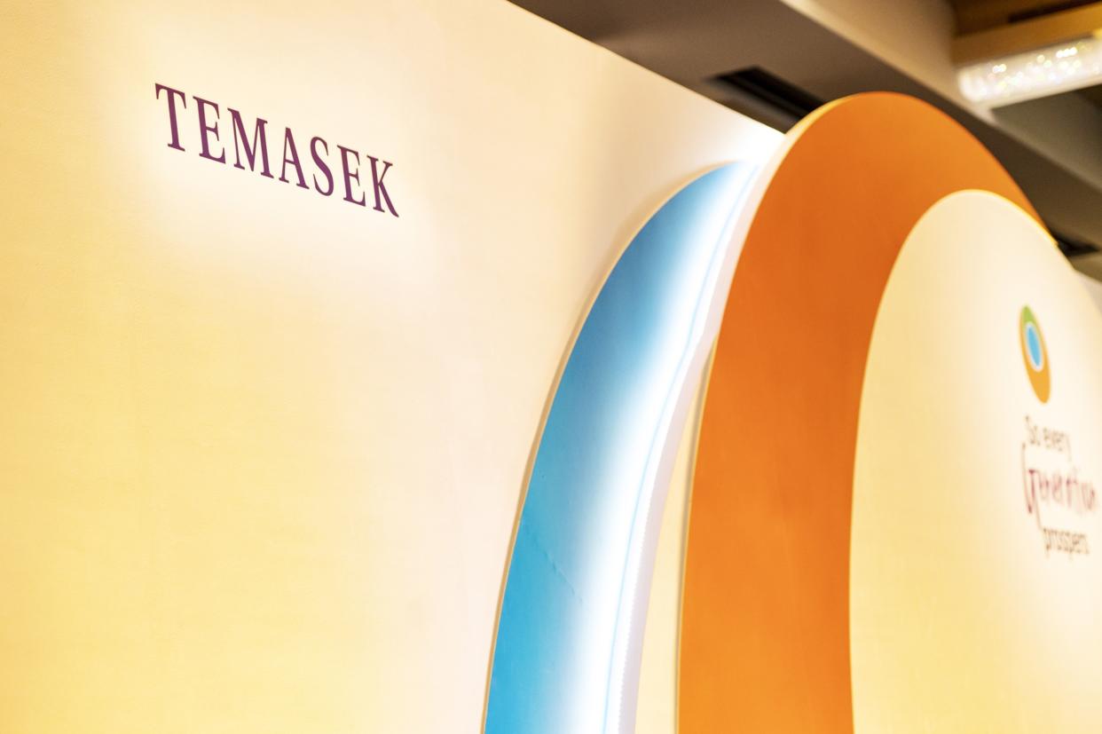 A signage of Temasek Holdings Pte., at the launch of Temasek Review 2022 in Singapore, on Tuesday, July 12, 2022. (Edwin Koo/Bloomberg)