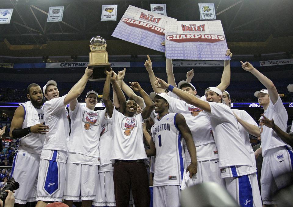 The Creighton team celebrates after beating Wichita State 68-65 in an NCAA college basketball game Sunday, March 10, 2013 in St. Louis to win the Missouri Valley Conference Tournament. (AP Photo/Tom Gannam)