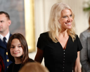 Kellyanne Conway and her daughter Claudia at the Women's Empowerment Panel at the White House on March 29