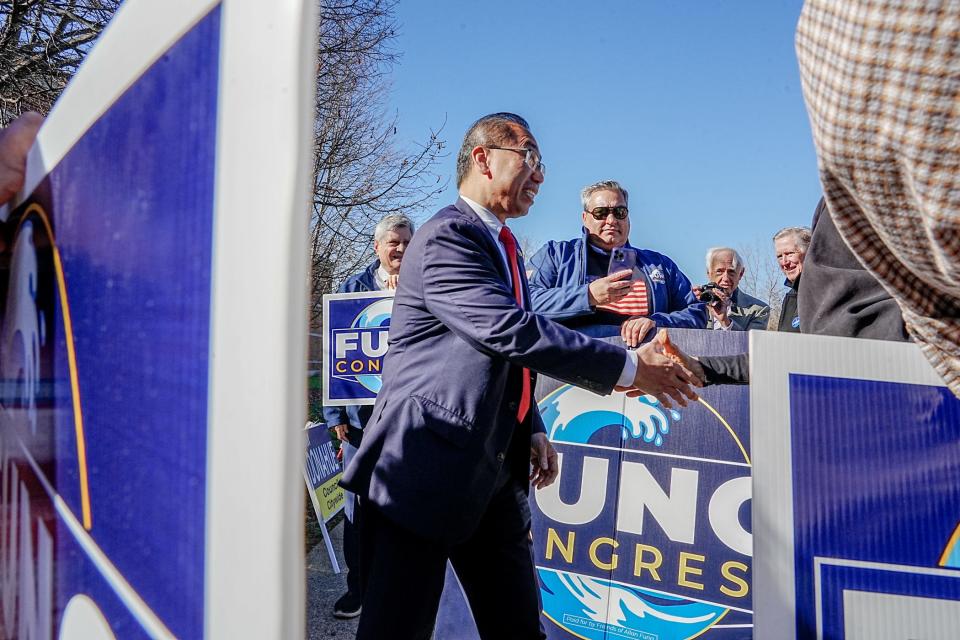 Allan Fung, Republican nominee for the U.S. House seat in Rhode Island's Second Congressional District, greets supporters in Cranston on Tuesday.