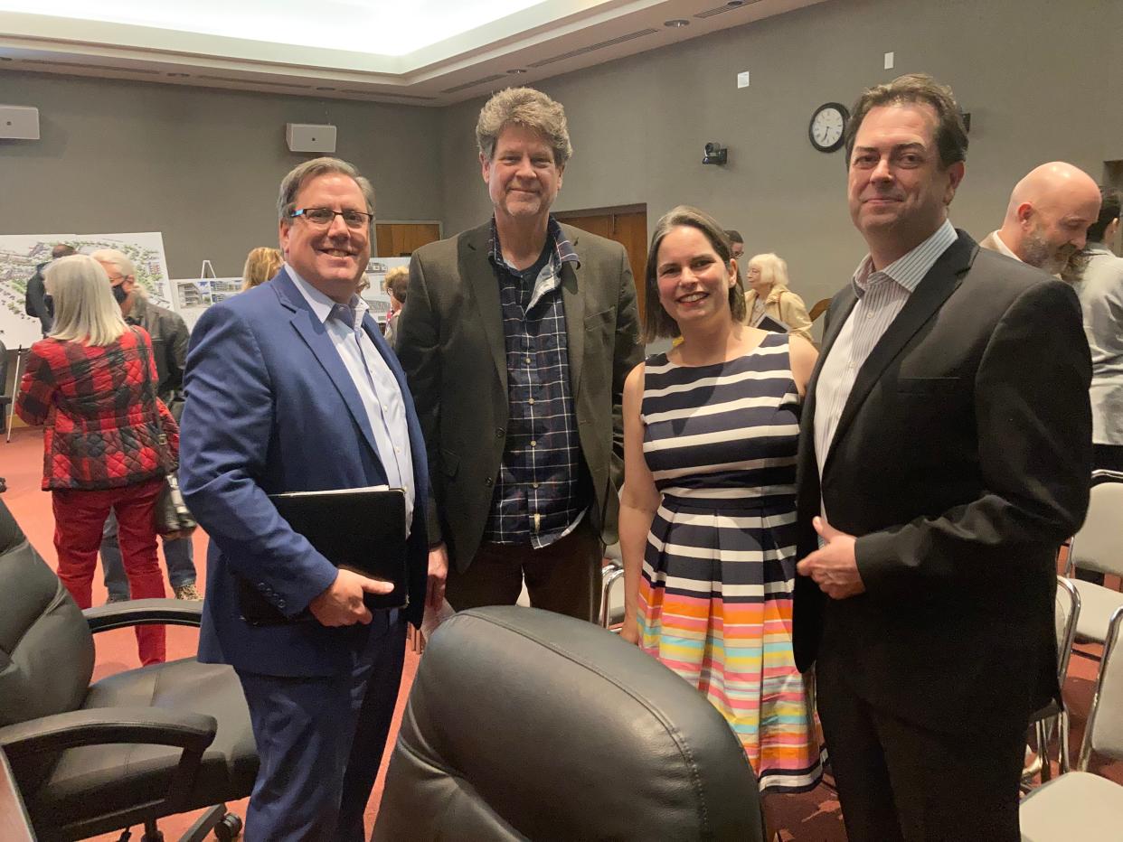 Scott Busby and Gregor Smee with Smee Busby, the architecture firm working with Cappiello Real Estate, from left, and Jessica and Joshua Wright with Machinations after a meeting of the Oak Ridge Land Bank. The Land Bank board approved a resolution that supports their firms working on new buildings near Wilson Street in Oak Ridge.