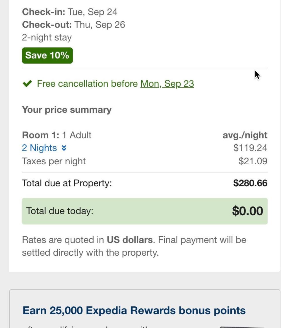 Expedia's checkout cart lists only the first night taxes, not the total