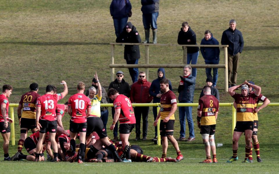 Referee Simon Harding awards a try to Cornish Pirates during the Greene King IPA Championship match between Ampthill and Cornish Pirates at Dillingham Park on March 14, 2020 in Ampthill, England