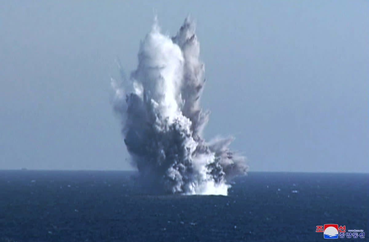 A photo released by KCNA purports to show the test of North Korea’s underwater nuclear attack drone, in the waters off the coast of Riwon County (EPA/KCNA)