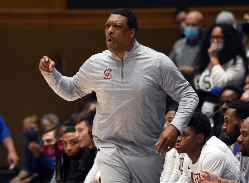 South Carolina State Bulldogs head coach Tony Madlock reacts during the first half against the Duke Blue Devils at Cameron Indoor Stadium.