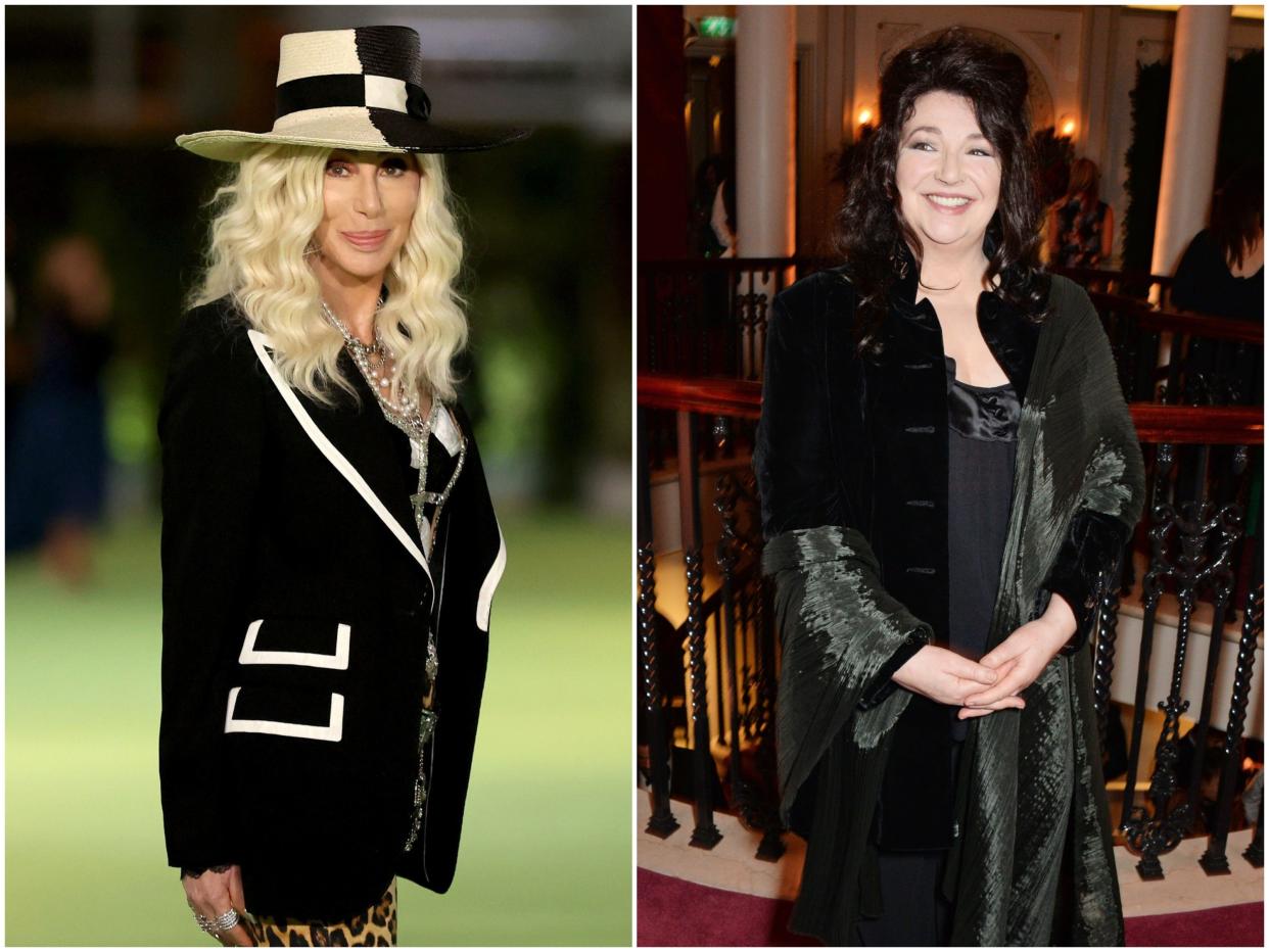 A side by side of Cher in a black blazer and checkered hat and Kate Bush in an all-black outfit