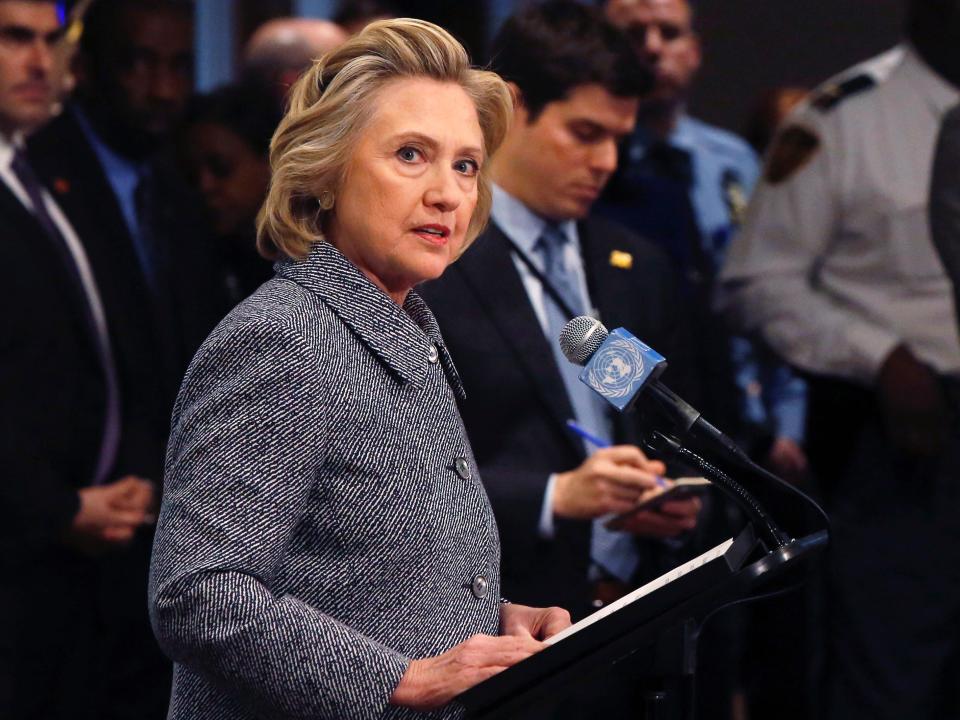 Former US Secretary of State Hillary Clinton speaks during a news conference at the United Nations in New York.JPG