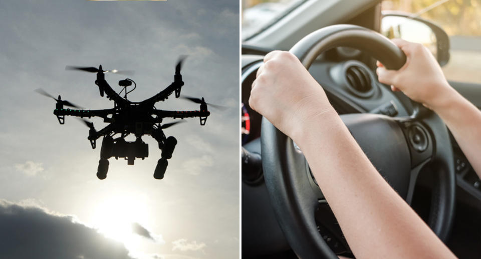 A drone is pictured alongside hands on a steering wheel.