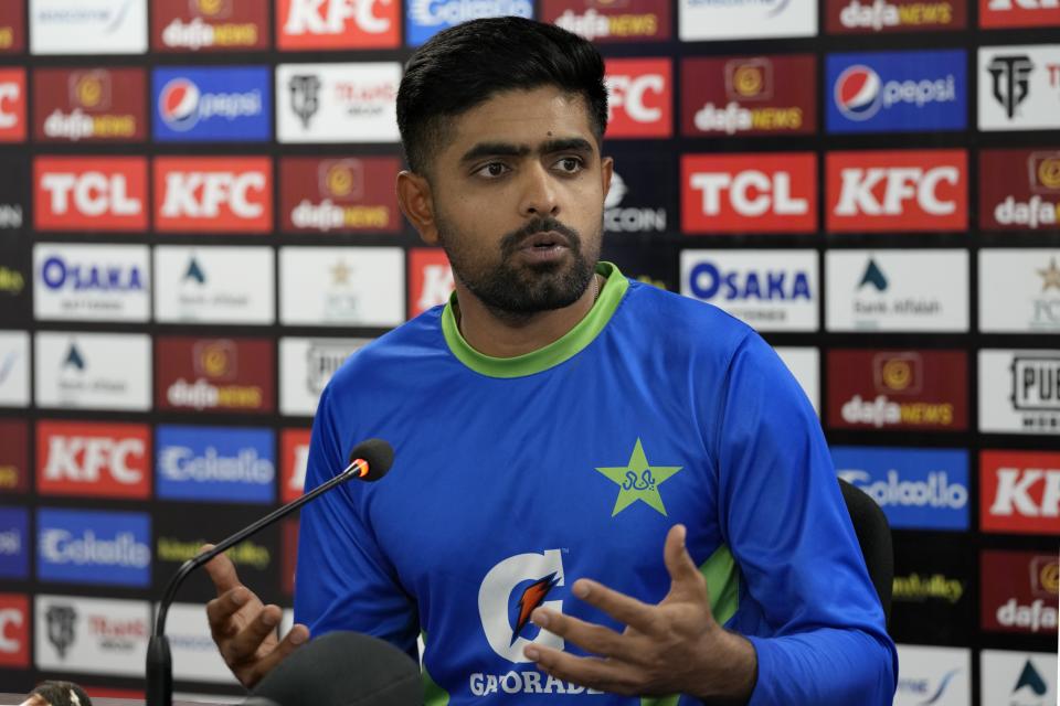 Pakistan's skipper Babar Azam gives a press conference, in Karachi, Pakistan, Friday, Dec. 16, 2022. (AP Photo/Fareed Khan)