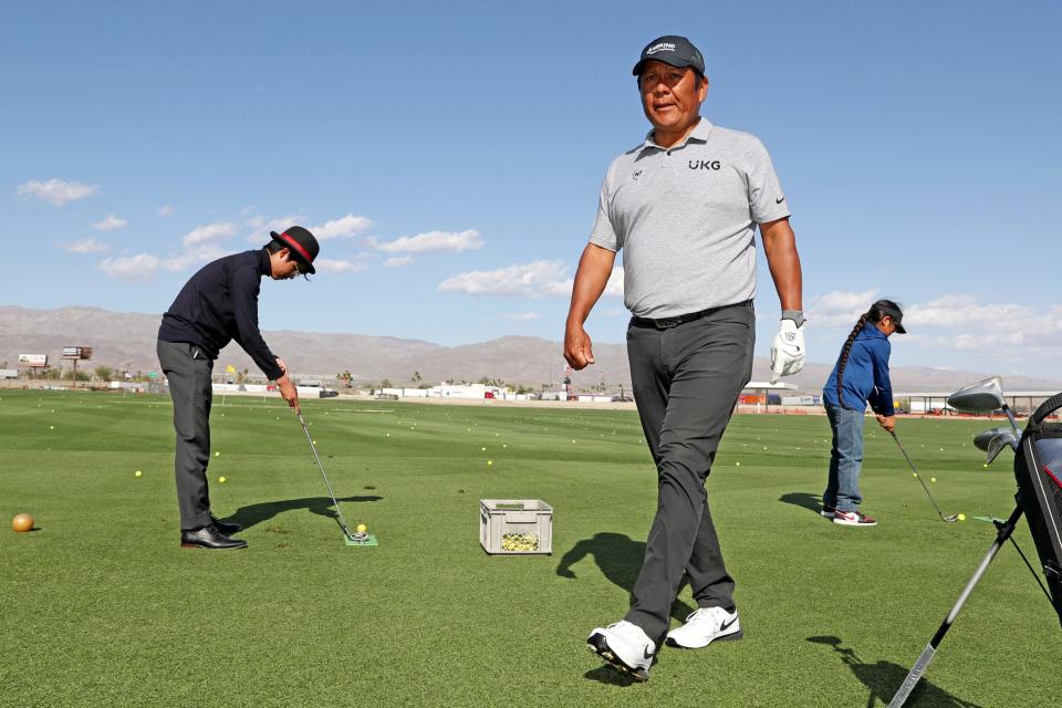 Notah Begay III, who will be playing in the Galleri Classic this week, holds a junior golf clinic for kids through the Twentynine Palm Band of Mission Indians at Spotlight 29 Coachella Crossroads in Coachella, Calif., on Tuesday, March 26, 2024.