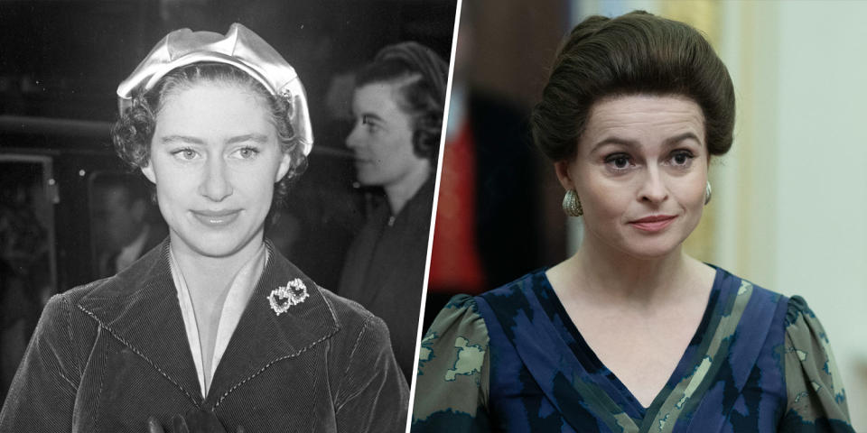 (Left) Princess Margaret in 1954. (Right) Helena Bonham Carter as Princess Margaret in 