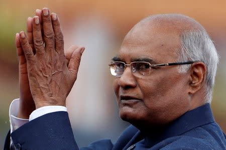 India's new President Ram Nath Kovind gestures after being sworn in at the Rashtrapati Bhavan presidential palace in New Delhi, India July 25, 2017. REUTERS/Cathal McNaughton