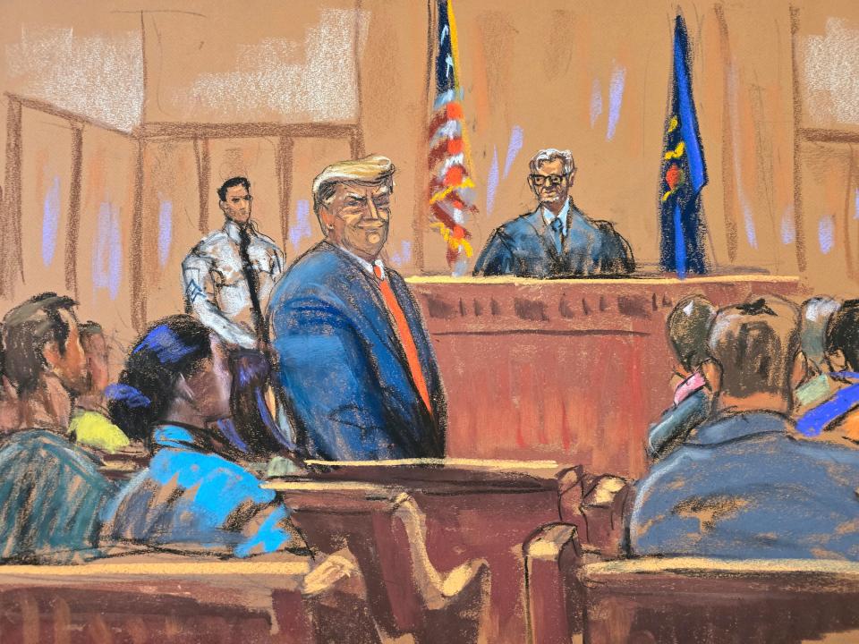 In this courtroom sketch, former President Donald Trump smiles at the jury as he is introduced to them at the start of his hush money trial on April 15, 2024.