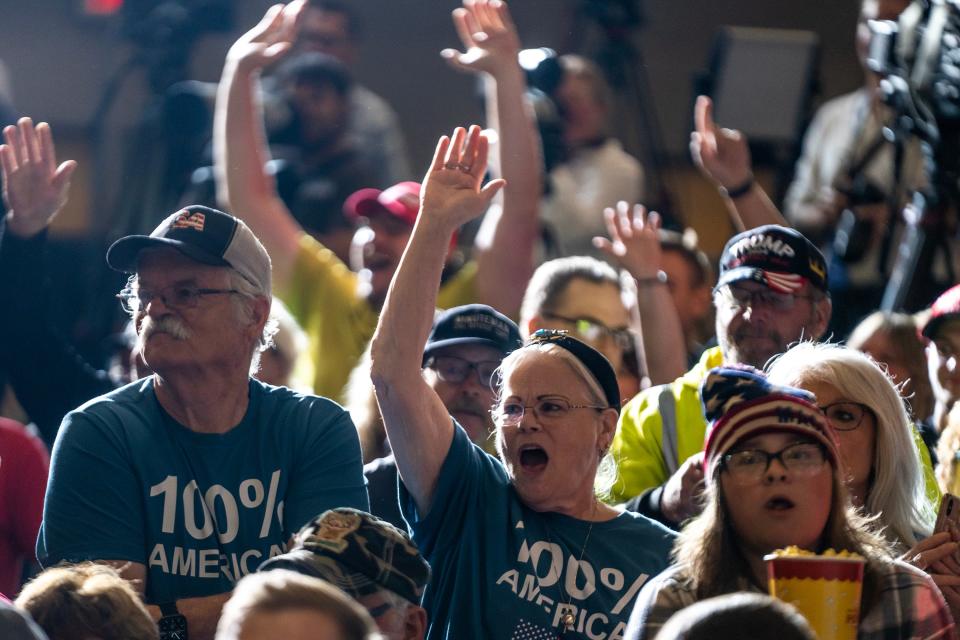 People in the crowd cheer before the start of former President Donald Trump's remarks at a Farmers for Trump campaign event, on Friday, July 7, 2023, at the Mid-America Center, in Council Bluffs. 