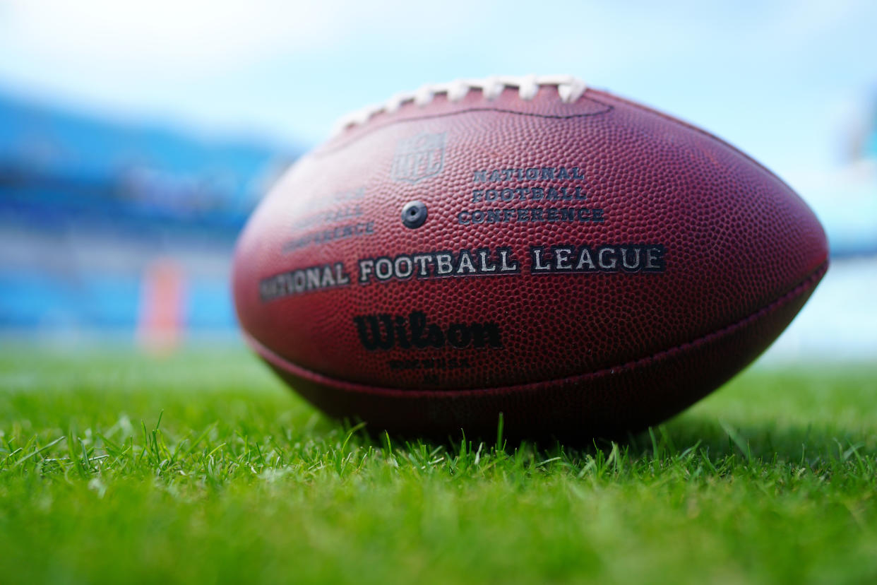 CHARLOTTE, NORTH CAROLINA - NOVEMBER 17: An NFL football with logo before the game between the Carolina Panthers and the Atlanta Falcons at Bank of America Stadium on November 17, 2019 in Charlotte, North Carolina. (Photo by Jacob Kupferman/Getty Images)