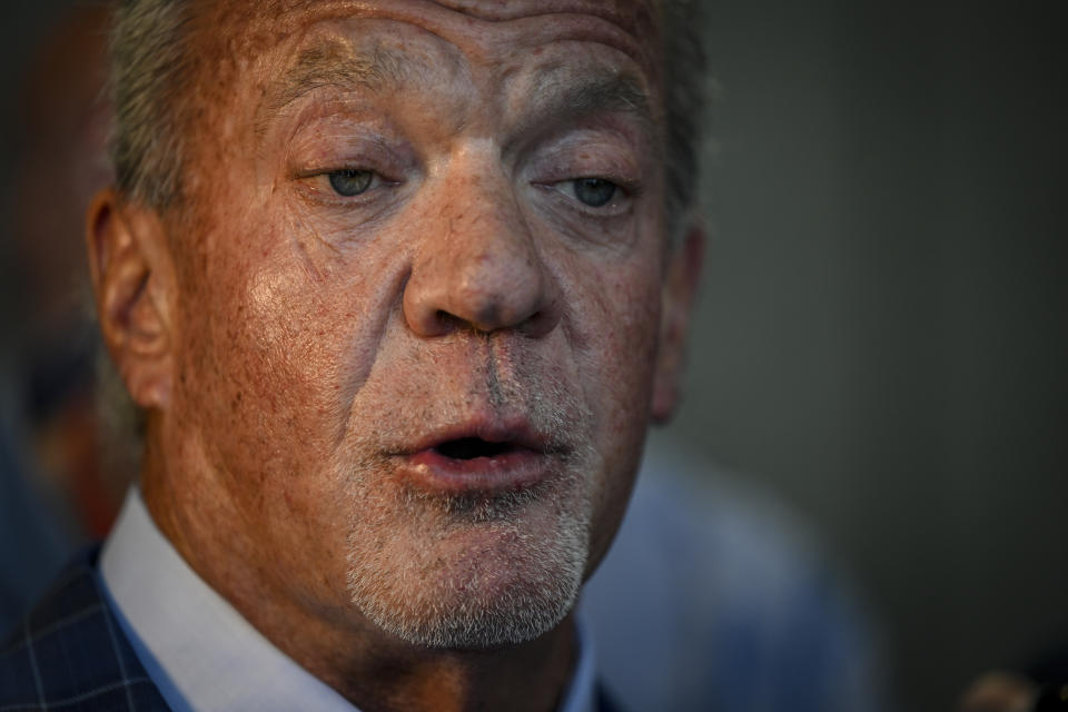 BLOOMINGTON, MN - AUGUST 9: Indianapolis Colts owner Jim Irsay speaks during an NFL special league meeting at the JW Marriot in Bloomington on Tuesday, August 9, 2022. The Walton-Penner group was unanimously approved by fellow owners to assume ownership of the Denver Broncos. (Photo by AAron Ontiveroz/MediaNews Group/The Denver Post via Getty Images)