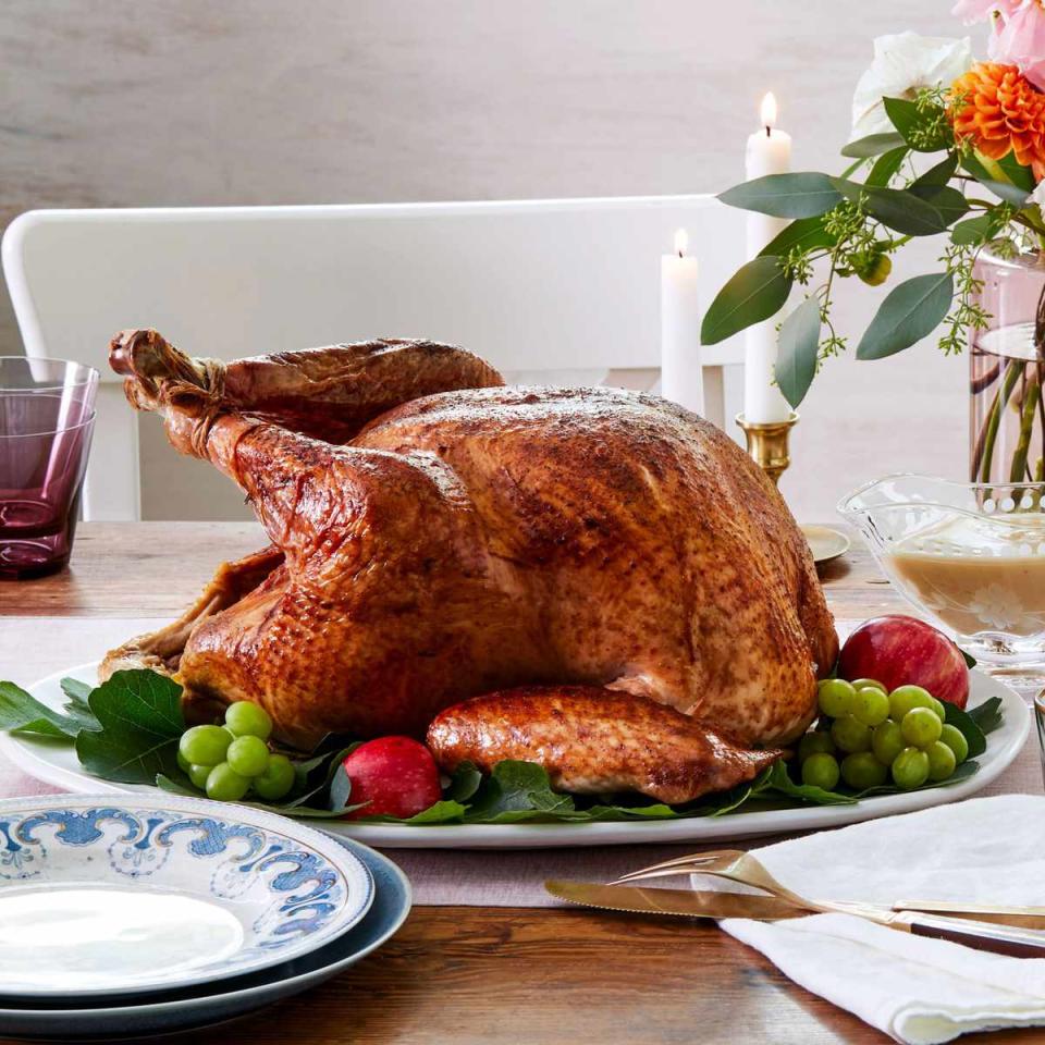 <p><strong>Recipe: <a href="https://www.southernliving.com/recipes/simple-roast-turkey" rel="nofollow noopener" target="_blank" data-ylk="slk:Simple Roasted Turkey;elm:context_link;itc:0;sec:content-canvas" class="link ">Simple Roasted Turkey</a></strong></p> <p>If you want to make a whole turkey on Thanksgiving, this simple roasted turkey recipe is as easy as they come. In just three hours, it will be on the table and ready for carving. Seasoned hosts know that the secret to a great roast is all in that seasoning prep work. Be sure to reserve the drippings for your gravy recipe.</p>