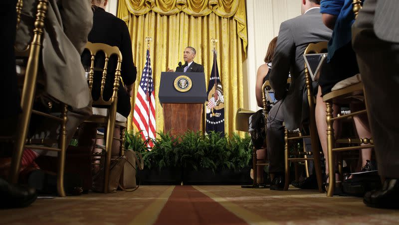 In this July 15, 2015, photo, President Barack Obama answers questions about the Iran nuclear deal during a news conference in the East Room of the White House in Washington.