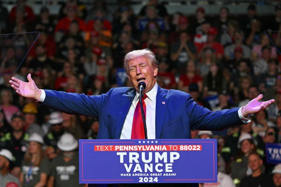 Former president and Republican presidential candidate Donald Trump speaks during a campaign rally in Pennsylvania. He is now taking a shot at Kamala Harris over the price of eggs, just like his running mate (AFP via Getty Images)