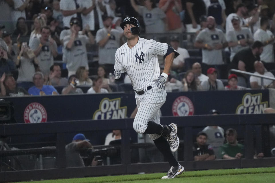 New York Yankees' Giancarlo Stanton runs the bases after his home run against the Houston Astros during the sixth inning of a baseball game Friday, June 24, 2022, in New York. (AP Photo/Bebeto Matthews)