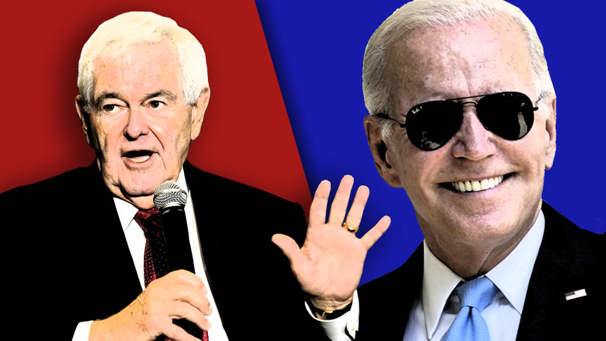 Former House Speaker Newt Gingrich speaking into a microphone with one hand raised, and President Biden smiling and wearing sunglasses..