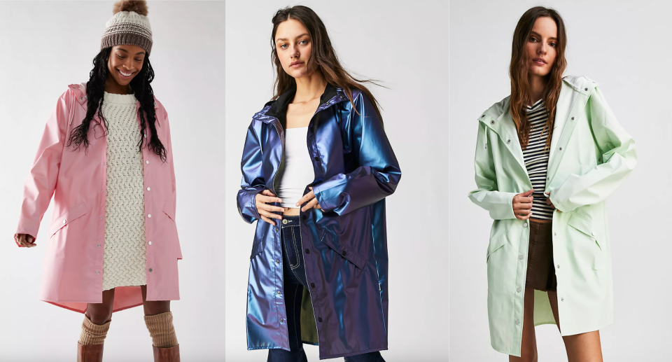 models wearing pink rain jacket, blue metallic jacket, mint green Rains Long Jacket (photos via Free People)