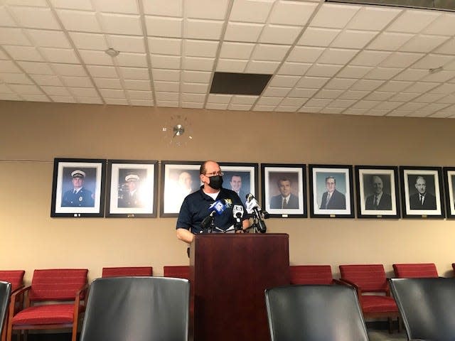 Fire Chief Aaron Lipski on Monday said two firefighters were injured when they were struck by a vehicle as they shoveled snow from the front of a fire station on Appleton Avenue. He's seen here speaking during a Tuesday, Jan. 11, 2022 news conference.