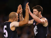 In a see-sawing opening half, Carlton jumped out to a handy second-quarter lead before Geelong pegged them back.