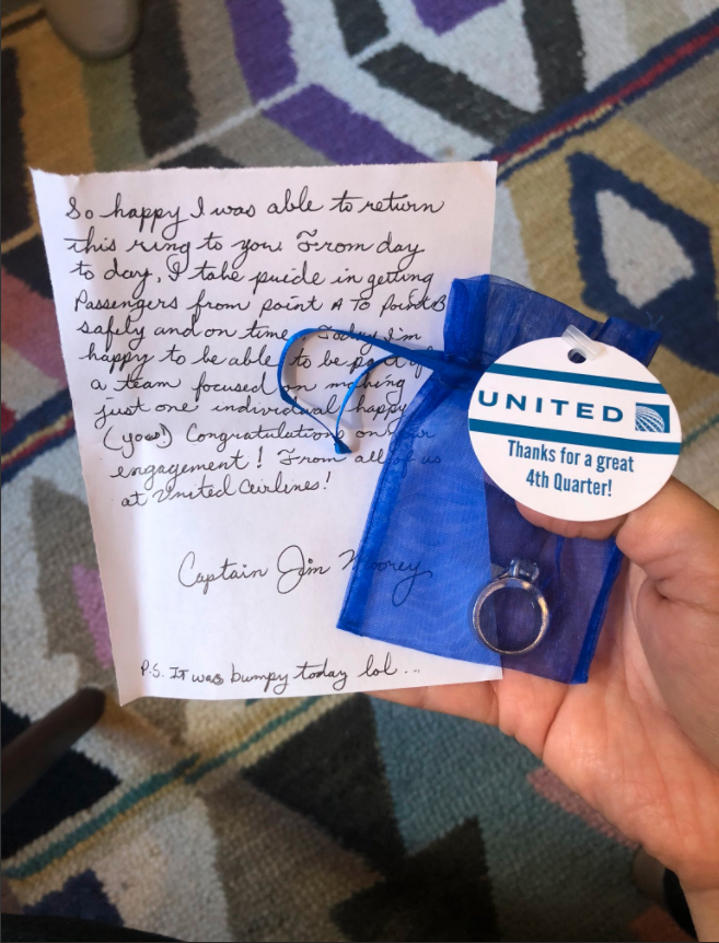 A woman lost her engagement ring and got the sweetest note from a United Airlines pilot. Photo: Twitter/Brit Morin