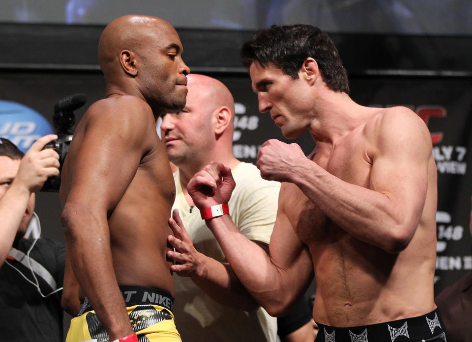 LAS VEGAS, NV - JULY 6: (L-R) Opponents Anderson Silva and Chael Sonnen face off during the UFC 148 Weigh In at the Mandalay Bay Events Center on July 6, 2012 in Las Vegas, Nevada. (Photo by Josh Hedges/Zuffa LLC/Zuffa LLC via Getty Images)